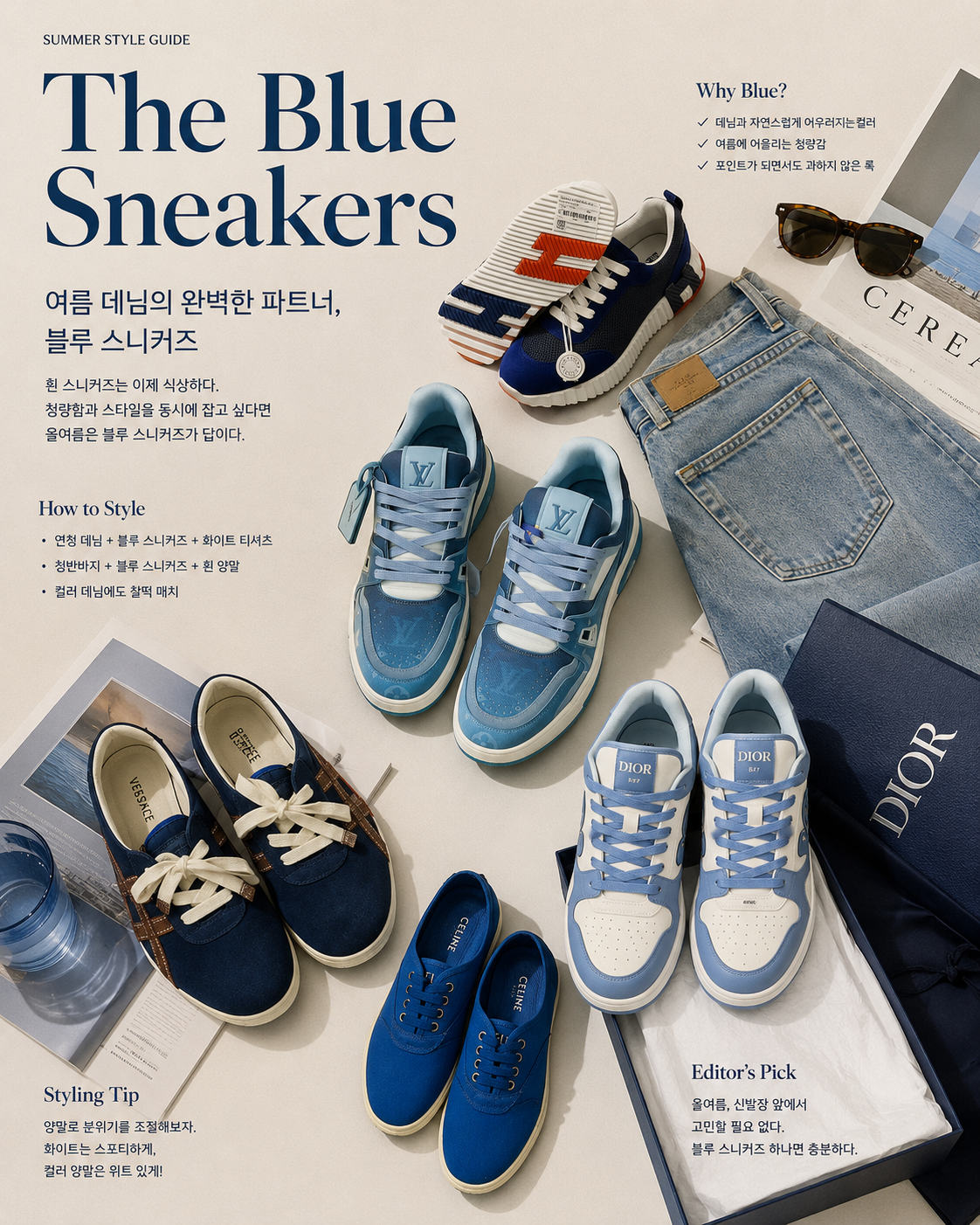 여름 청바지엔 흰색보다 블루 스니커즈가 더 멋있다