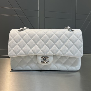 샤넬 CF 클래식 플랩백 25cm 은장 화이트 캐비어 소가죽 논스티치 엣지 스티치 33287 Chanel Bag