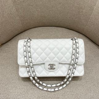 샤넬 CF 클래식 플랩백 25cm 화이트 은장 캐비어 소가죽 엣지 스티치 33290 Chanel Bag