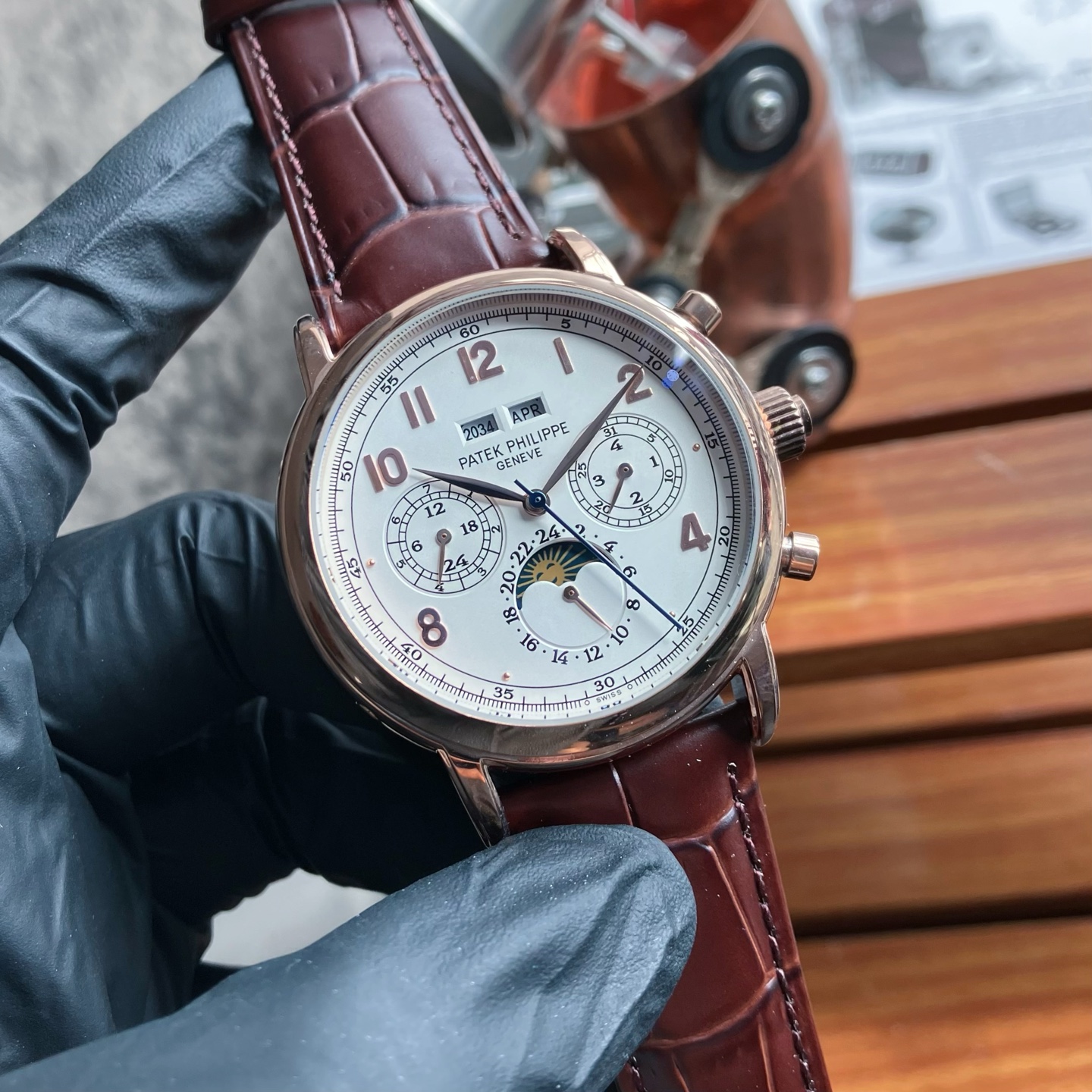파텍필립 투르비용 드래곤 다이얼 자동 레더스트랩 스틸 레플리카 44145 Patek Philippe