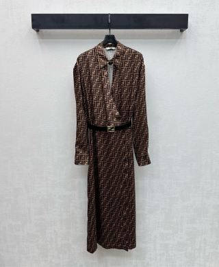 펜디 여성 실크 로고 프린트 벨트 플리츠 폴로 카라 셔츠 원피스 레플리카 45949 Fendi Women Dress