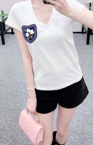 샤넬 여성 로고 자수 까멜리아 반팔 티셔츠 레플리카 6053 Chanel Women T Shirt
