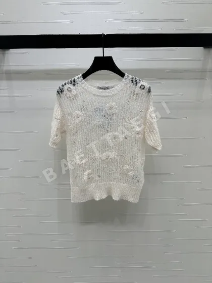 디올 3D 레이스 플라워 니트 반팔 탑 52087