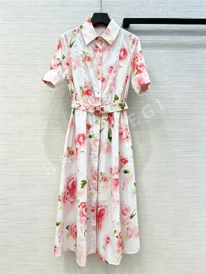 디올 장미 프린트 카라 면 원피스