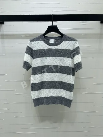 디올 실크 울 혼방 라운드넥 반팔 니트 탑 92407