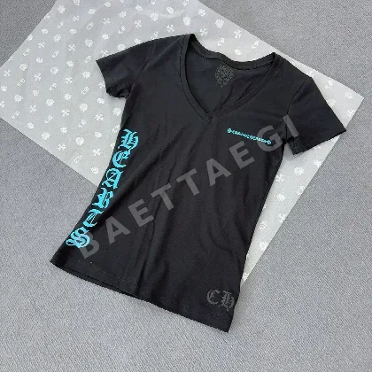 크롬하츠 여성용 블루 레터 프린트 V넥 반팔 티셔츠 53174
