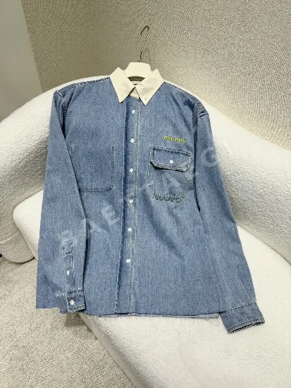 미우미우 로고 자수 컬러 블록 데님 셔츠 97398