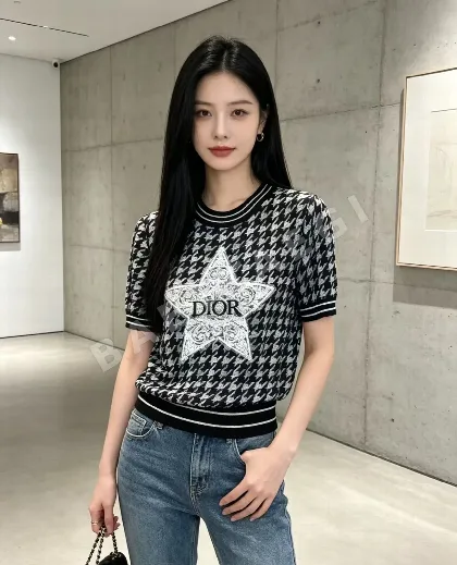 디올 치도리 격자 별 자수 니트 반팔 티셔츠 126446