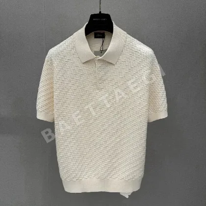브리오니 실크 캐시미어 혼방 클래식 헤링본 반팔 폴로셔츠 113740