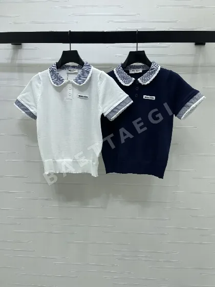 미우미우 피터팬카라 패치워크 니트 반팔 탑 101623
