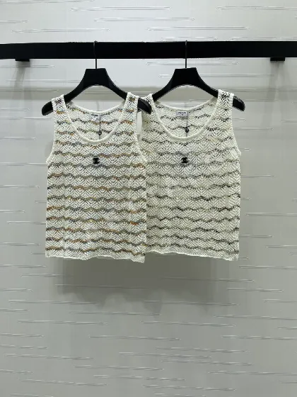 샤넬 멀티컬러 코튼 펀칭 니트 반팔 베스트 103687