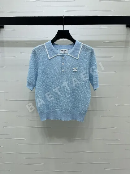 샤넬 컬러 블록 카라 울 니트 반팔 탑 103944
