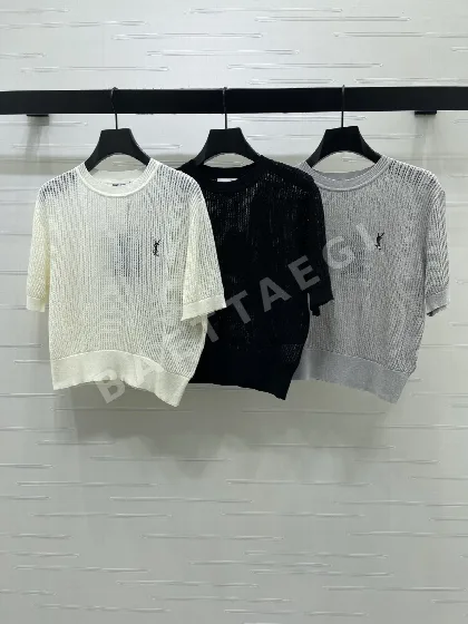 생로랑 크루넥 세로 골지 반팔 니트 탑 103455