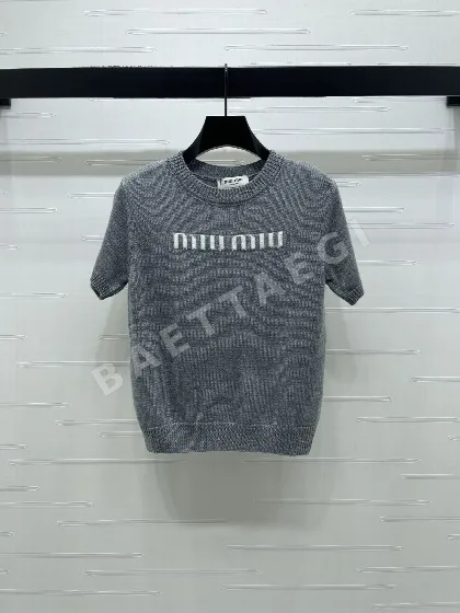 미우미우 크루넥 로고 니트 반팔 티셔츠 52886