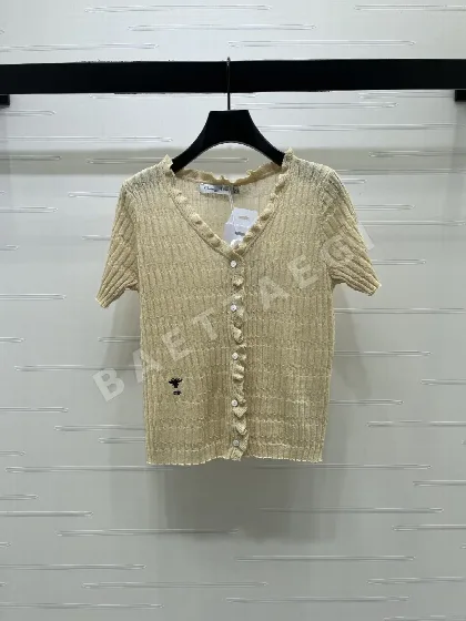 디올 프릴 V넥 실크 울 반팔 탑 54143