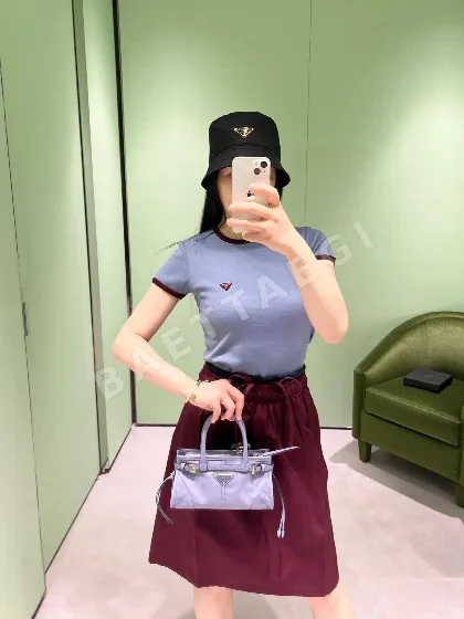 프라다 더스티블루 컬러 블록 여성 반팔 니트 티셔츠 53729