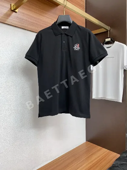 로에베 체크 카라 가죽 로고 남성 반팔 티셔츠 48315