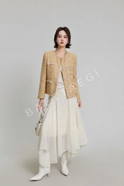 샤넬 허니옐로 체크 진주 버튼 여성 자켓 163874