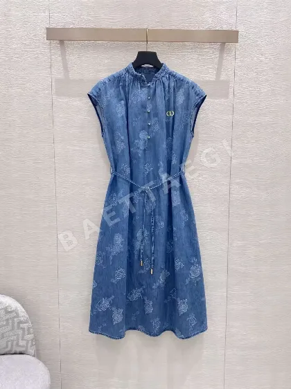 디올 데님 자카드 로즈 패턴 여성 원피스