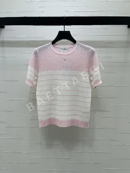 샤넬 컬러 블록 스트라이프 니트 반팔 탑 103940