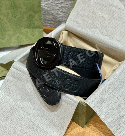구찌 인터로킹 더블 G 블랙 카프스킨 벨트 174871
