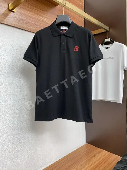 브루넬로쿠치넬리 체크 카라 가죽 로고 남성 반팔 폴로셔츠 47925