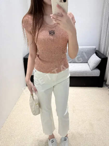 로에베 린넨 혼방 U넥 반팔 니트 136766