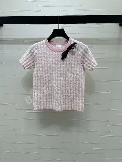 디올 핑크 하운드투스 체크 울 니트 반팔 탑 92689