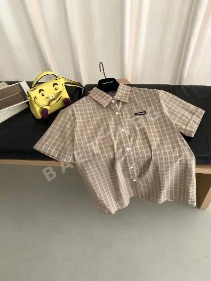 미우미우 카키 체크 코튼 반팔 셔츠 52555