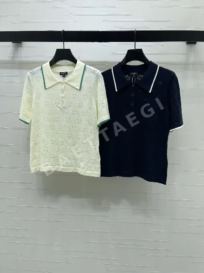샤넬 실크 울 혼방 카라 여성 니트 반팔톱 103747