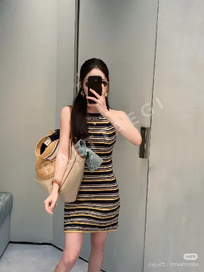 미우미우 옐로우그린 스트라이프 타이업 원피스 126428