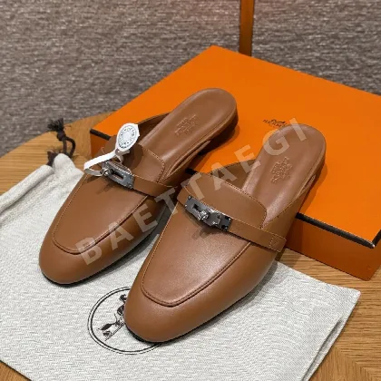 에르메스 이즈 뮬 샌들 골든브라운 염소가죽 실버 버클 163729