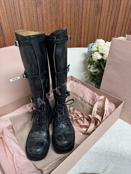 미우미우 브라운 다미지 가공 라이딩 부츠 93857
