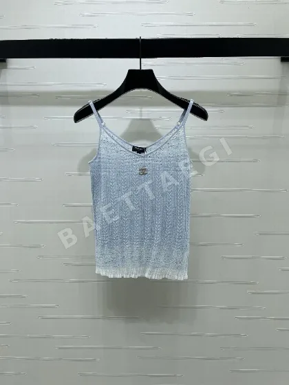샤넬 라인스톤 장식 시스루 니트 반팔 티셔츠 116982