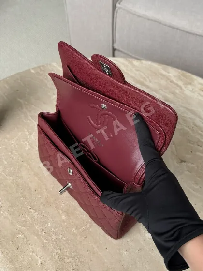 샤넬 버건디 레드 은장 스티치 가방 32998