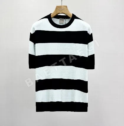 디올 자수 스트라이프 코튼 반팔 니트 티셔츠 41268