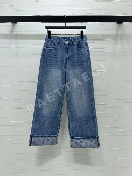 샤넬 롤업 와이드 레그 코튼 데님 바지 104082