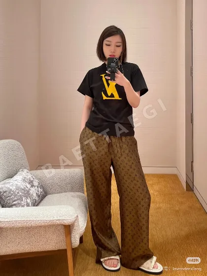 루이비통 모노그램 프린트 실크 스트레이트 레그 바지 102355