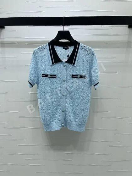샤넬 컬러 블록 니트 카라 반팔 탑 103964