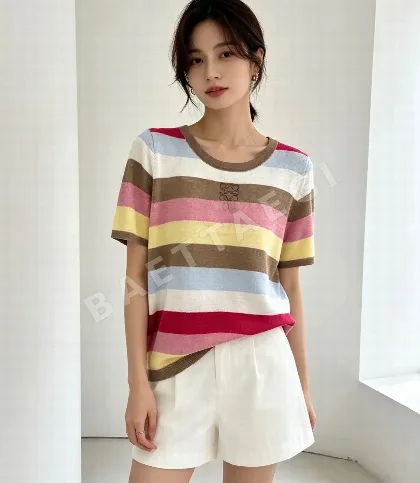 로에베 멀티컬러 스트라이프 울 반팔 스웨터 136764