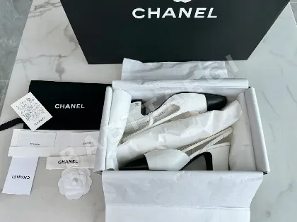 샤넬 블랙 화이트 레이스업 슬링백 하이힐 3284