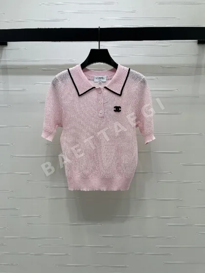 샤넬 컬러 블록 카라 울 니트 반팔 탑 103943