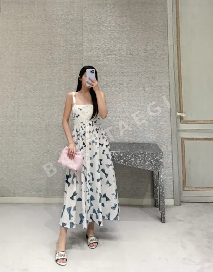 디올 리본 프린트 스퀘어넥 여성 원피스 96531