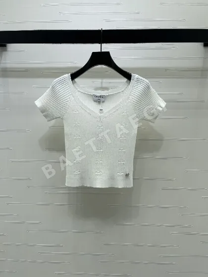 샤넬 하트넥 면 니트 여성 반팔 탑 103799