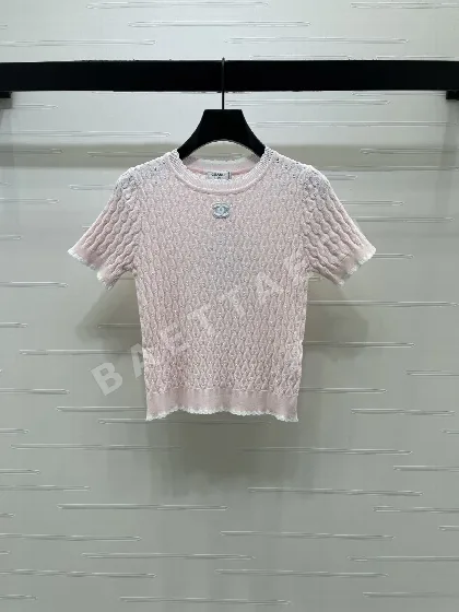 샤넬 시스루 레이스 배색 울 니트 반팔 탑 103669