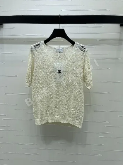 샤넬 V넥 펀칭 코튼 반팔 니트 탑 103820