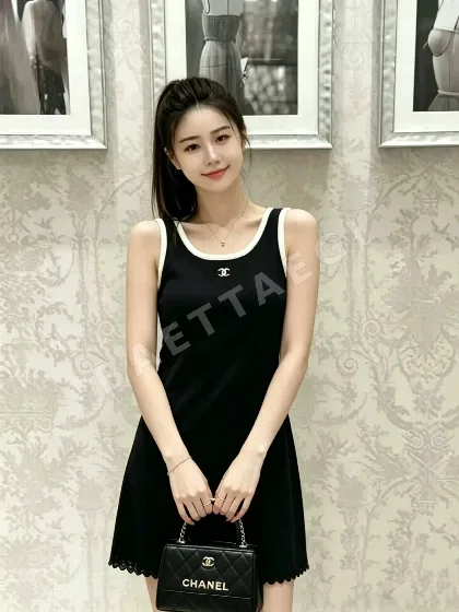 샤넬 시스루 레이스 장식 니트 캐미솔 원피스 104108