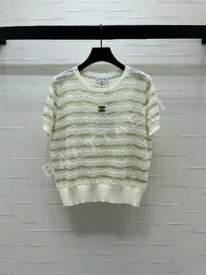 샤넬 더블 C 아일렛 스트라이프 반팔 니트 탑 104156