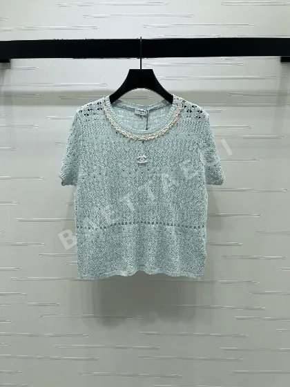 샤넬 여성 면 100% 시스루 반팔 탑 103708