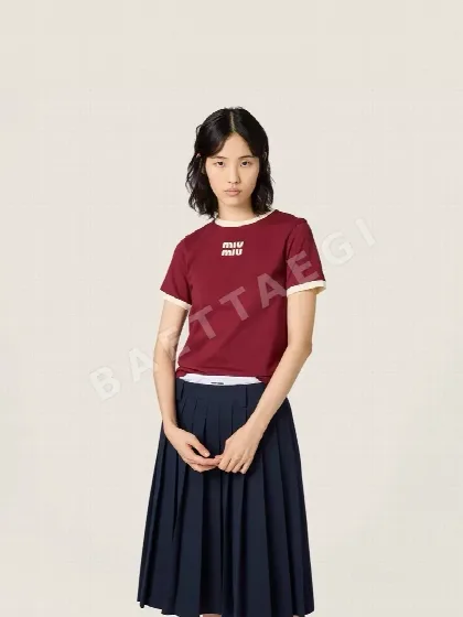 미우미우 컬러 블록 코튼 반팔 티셔츠